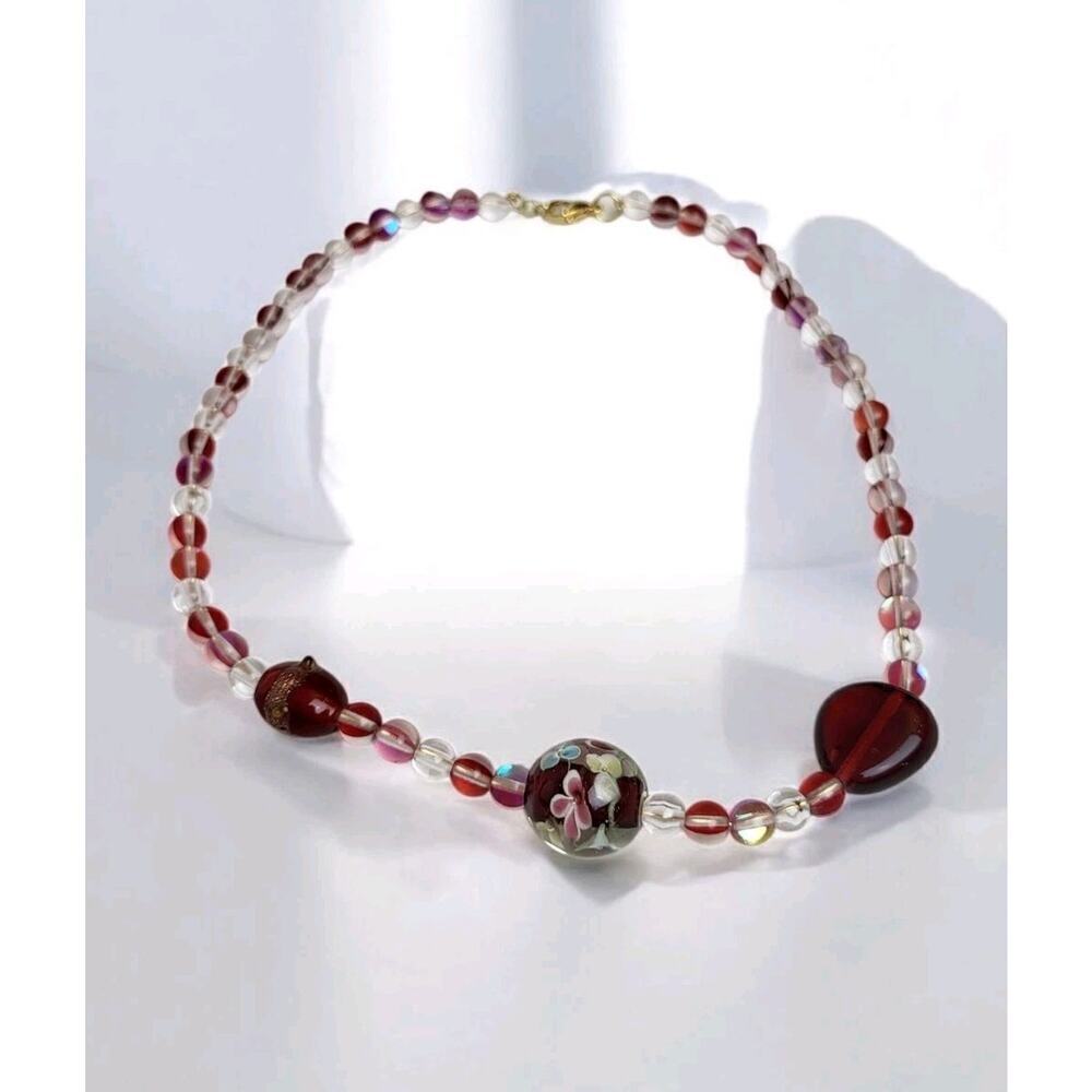 Mystic Aura Red Titanium Rainbow Translucent Square Czech Glass Beads Necklace